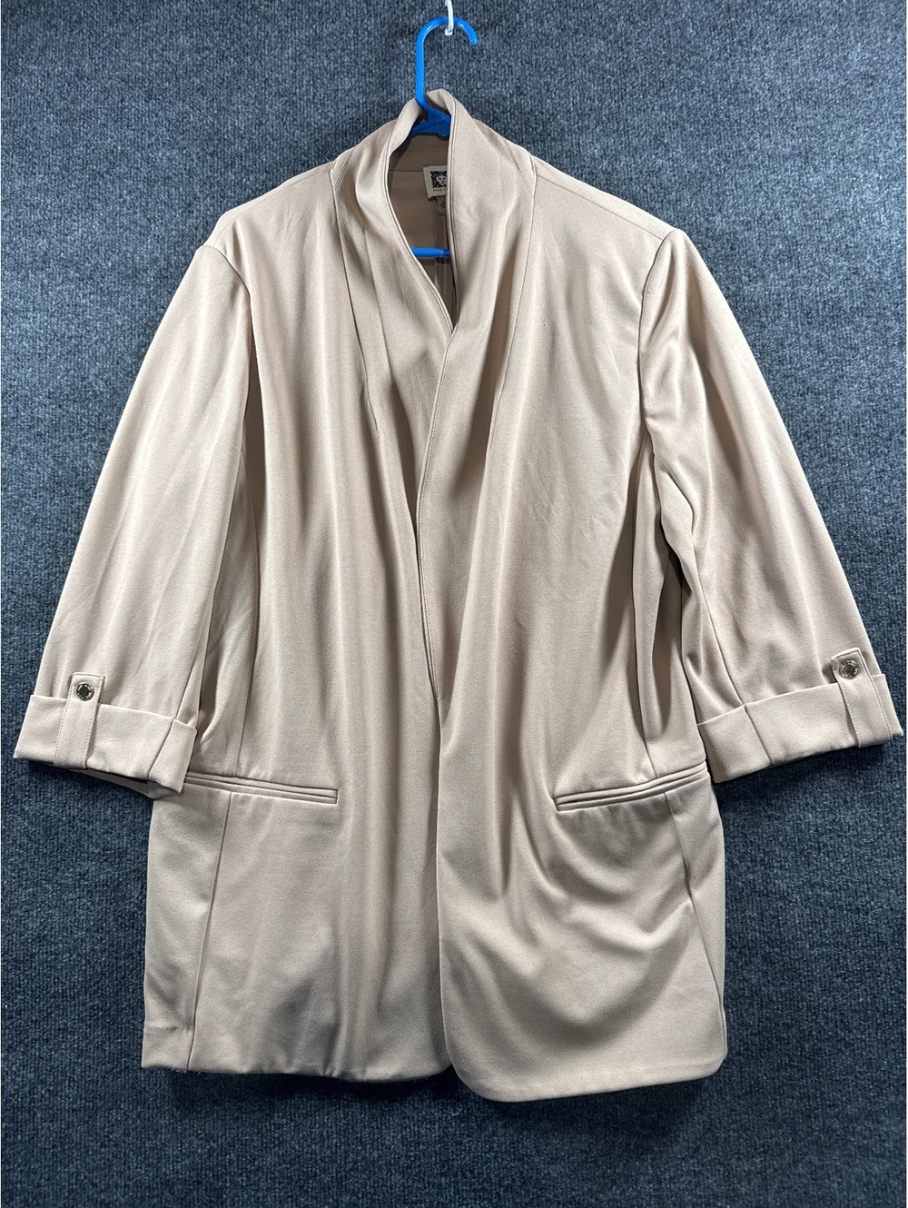Anne Klein Womens Open Front Cardigan Jacket Size XL Beige 3/4 Sleeve Pockets